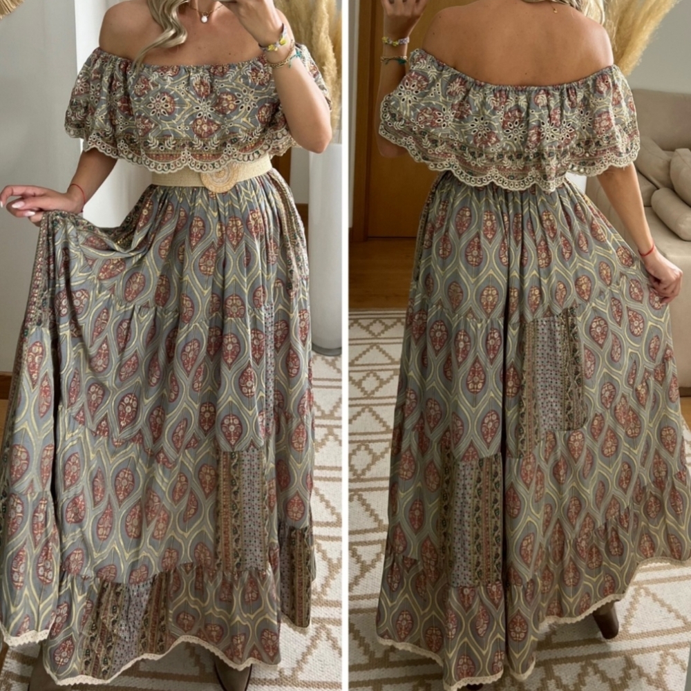 Colorful Embroidered Boho Dress with Ruffled Off-Shoulder Sleeves